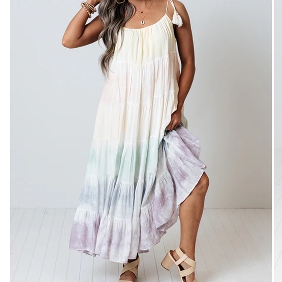 Storia Pastel Multicolored Tie-Dye Colorful Sundress Maxi Dress Size Medium - Picture 2 of 15